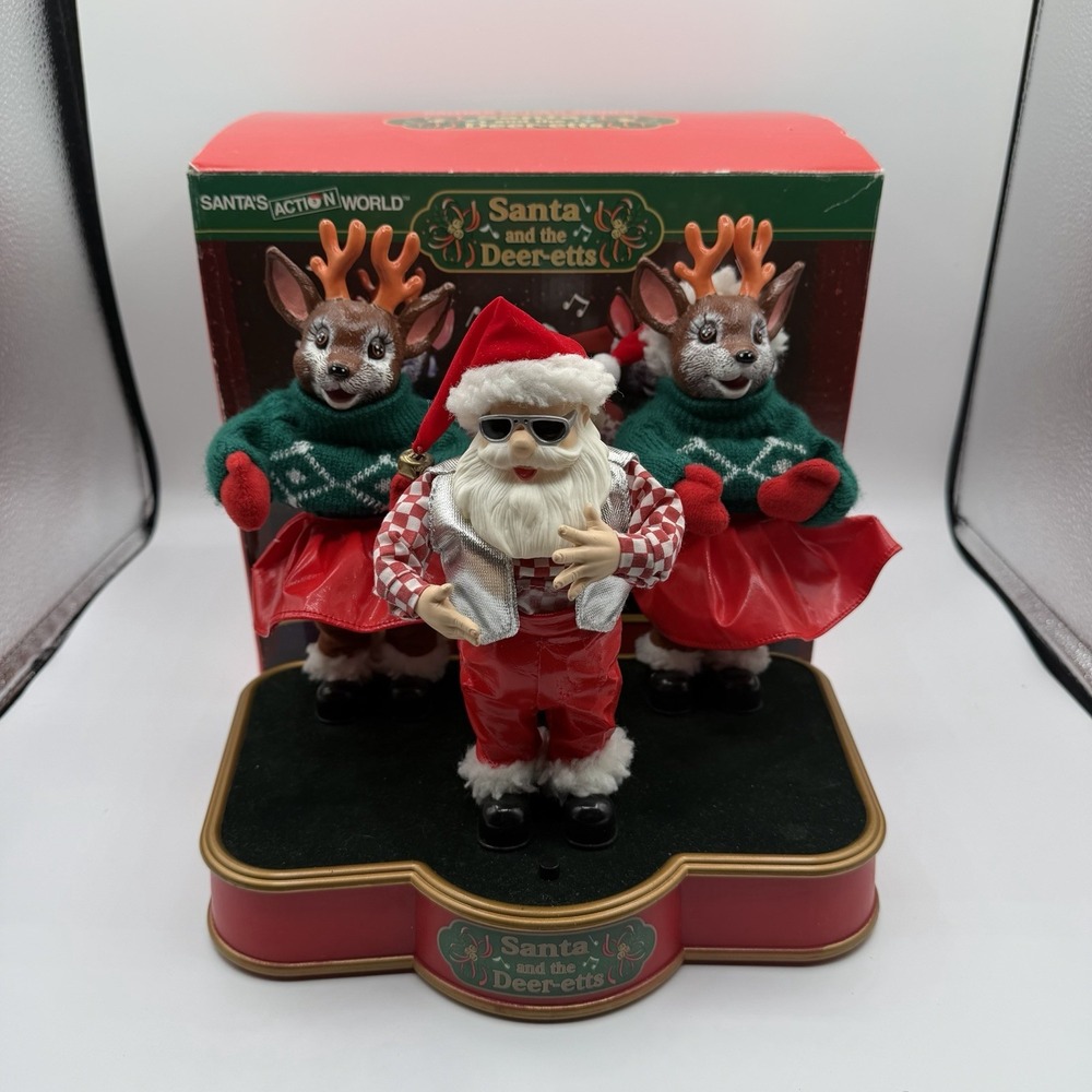 Vintage Santa And The Deer-etts Animated Musical Christmas Holiday Decor W/ Box